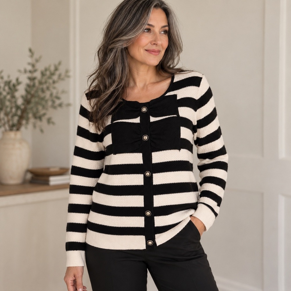 Adrianna Papell Women Stripe Knit Sweater Black White Bow Button Size Large